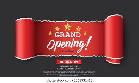 Grand opening card design banner with gold ribbon and confetti