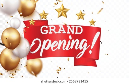 Grand opening card design banner with gold ribbon and confetti