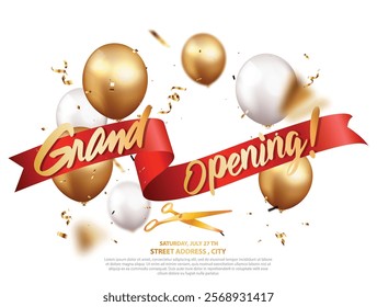 Grand opening card design banner with gold ribbon and confetti