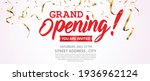 Grand opening card design with gold and red ribbon with confetti
