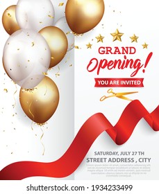 Grand opening card design with gold ribbon and confetti