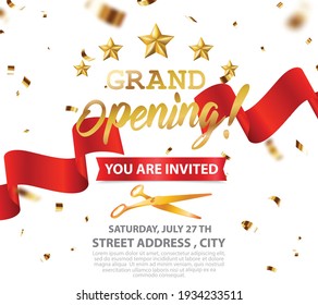 Grand opening card design with gold ribbon and confetti