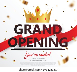 Grand opening card design with gold ribbon and confetti