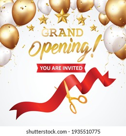 Grand opening card design with gold ribbon and confetti