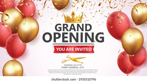 Grand Opening Card Design With Gold Ribbon And Confetti