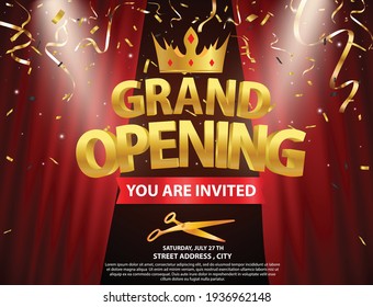 Grand opening card design with gold and red ribbon with confetti