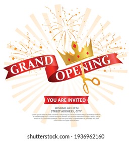 Grand opening card design with gold and red ribbon with confetti