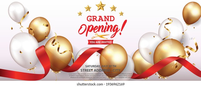 Grand opening card design with gold and red ribbon with confetti