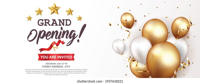 Grand opening card design with gold ribbon and confetti	
