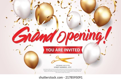 Grand opening card design with gold and red ribbon with confetti