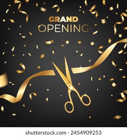 Grand opening card design with gold scissors, ribbons and confetti. Realistic template invitation.