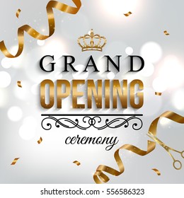 Grand opening card design with gold ribbon scissors. Vector illustration
