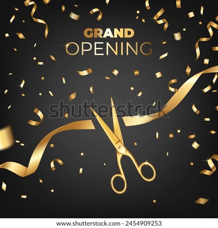 Grand opening card design with gold scissors, ribbons and confetti. Realistic template invitation.