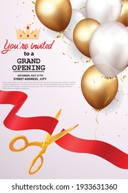 Grand opening card design with red ribbon and colorful confetti