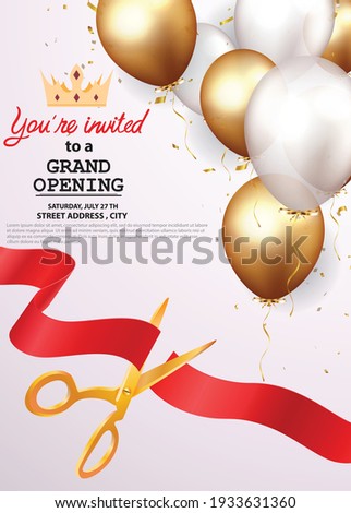 Grand opening card design with red ribbon and colorful confetti