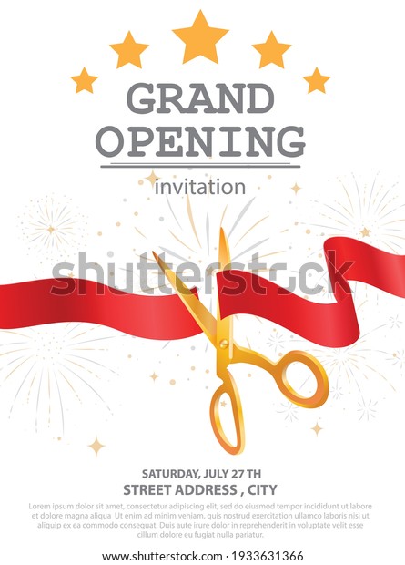 Grand opening card design with red ribbon and\
colorful confetti