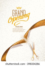 Grand Opening card with gold abstract ribbon and gold scissors