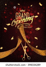 Grand Opening card with gold abstract ribbon and gold scissors on the dark red background