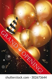 Grand Opening Card With Gold Air Balloons, Red Ribbon And Party Hat