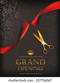 Grand opening card with gold scissors on the dark floral background