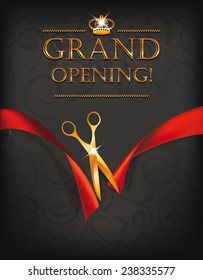 Grand opening card with gold scissors on the dark background