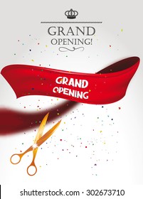 Grand opening card with gold scissors, confetti and red  ribbon