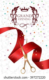 Grand opening card with gold scissors,confetti and red ribbon