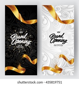 Grand Opening card with gold sparkling ribbon and floral background