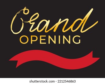 Grand opening card with golden decoration and red ribbon. Premium luxury design for entertainment, festive event, celebration. Store opening announcement, holiday promotion. Vector web banner, flyer.