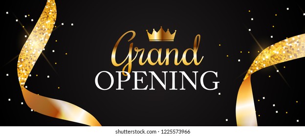 Grand Opening Card with Golden Ribbon Background. Vector Illustration EPS10