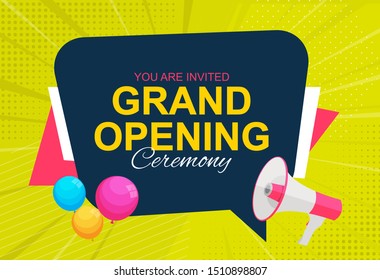 Grand Opening Card with Megaphone and Speech Bubble. Vector Illustration EPS10