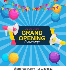 Grand Opening Card with Megaphone and Speech Bubble. Vector Illustration EPS10