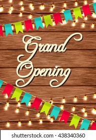 Grand opening card with  on a wooden background with flags and lights