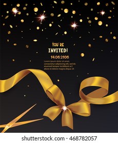 Grand opening card with realistic gold silk ribbon, scissors and gold confetti. Vector illustration