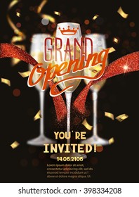 Grand Opening card with red abstract ribbon and glasses with champagne on the dark background