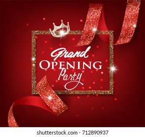 Grand opening card with red cut ribbon with pattern. Vector illustration