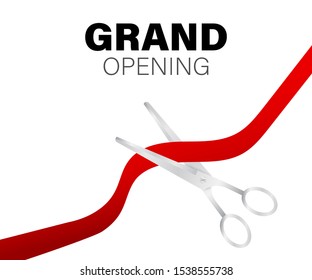 Grand opening card with red ribbon and silver scissors. Vector stock illustration.