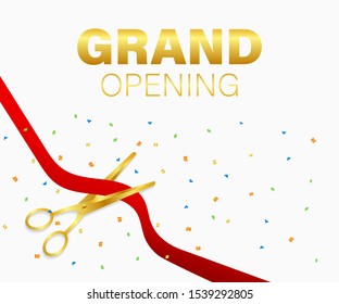 Grand opening card with red ribbon and gold scissors. Vector stock illustration.