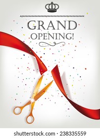 Grand opening card with red ribbon and gold scissors