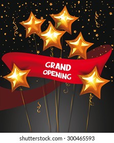 Grand opening card with red  ribbon and star shaped air balloons