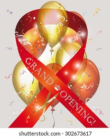 Grand opening card with red  ribbon , scissors and confetti