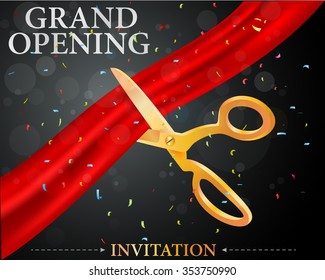 Grand opening card with red ribbon and gold scissors