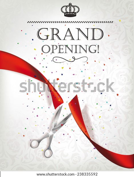 Grand\
opening card with red ribbon and silver\
scissors
