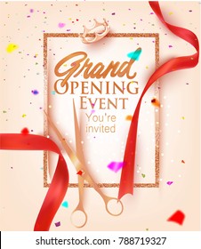 Grand opening card with red sparkling ribbons and colorful confetti. Vector illustration