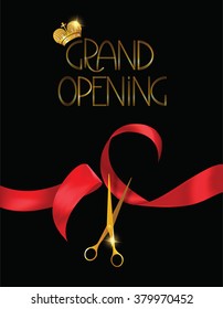 Grand opening card with scissors and red  silk ribbon