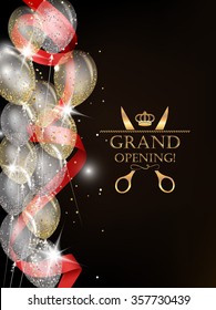 Grand opening card with shiny confetti, red ribbon and air balloons