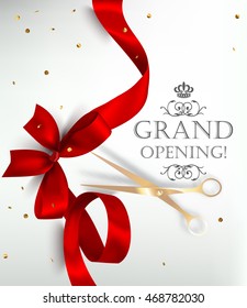 Grand opening card with silk ribbon, scissors and confetti. Vector illustration