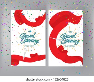 Grand opening cards with air balloons and red ribbons and confetti. Vector illustration. Flat design