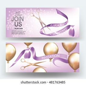 Grand opening cards with air balloons and purple ribbons. Vector illustration