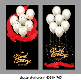 Grand opening cards with gold starry confetti and red glossy ribbons. Vector illustration. Flat design